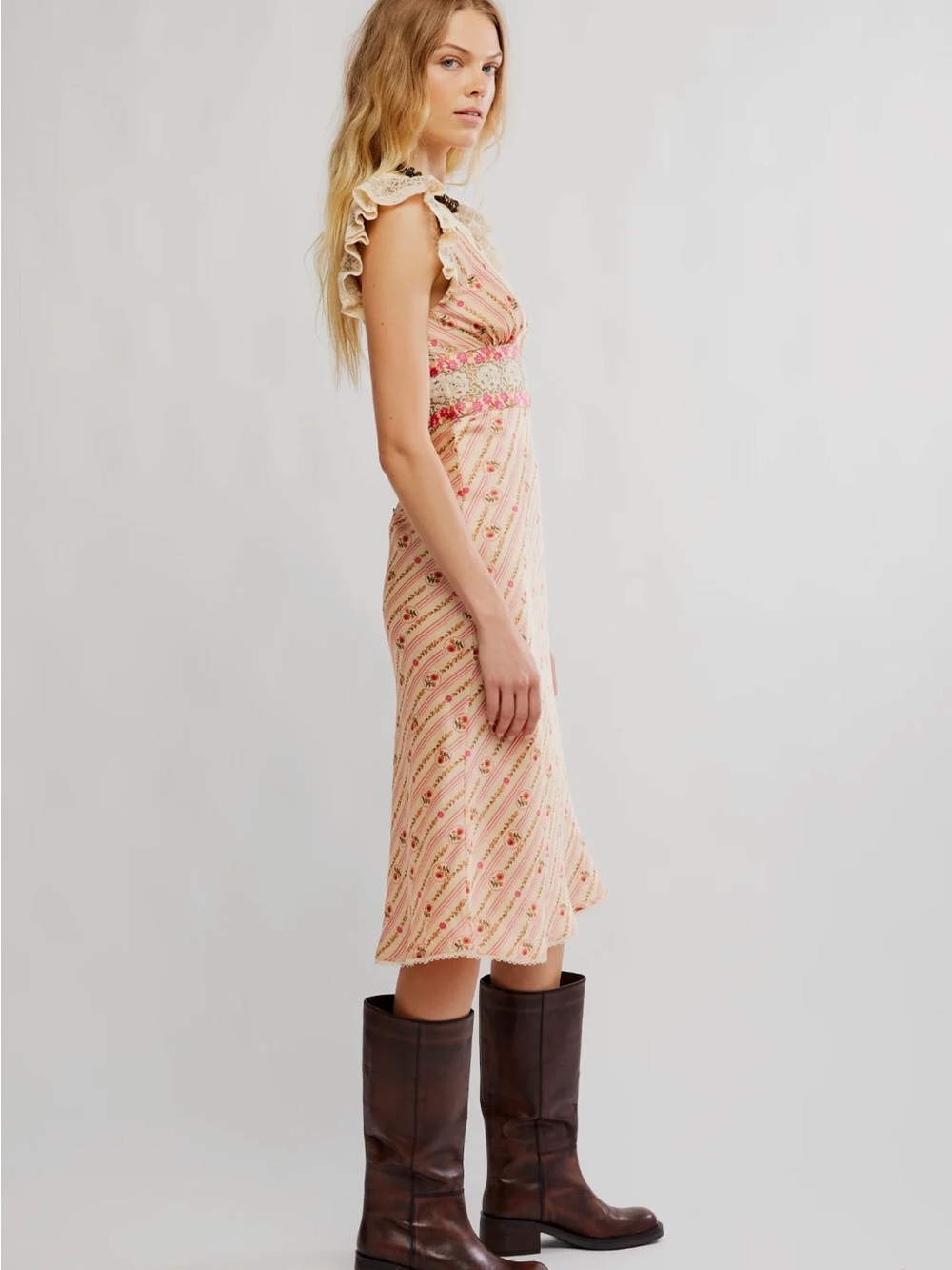 🌷Free People Bali Belle Floral Ruffle Satin Midi Dress - Picture 2 of 7